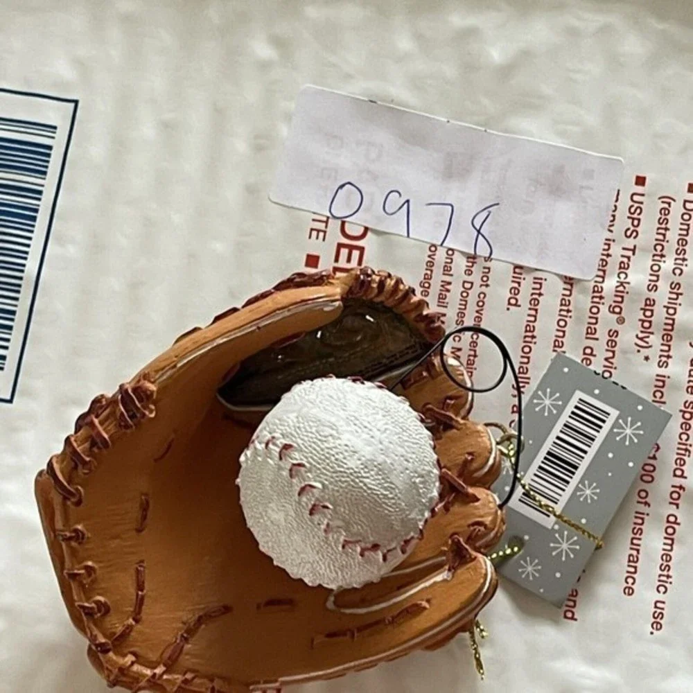 New‎ Baseball Glove Ball Christmas Ornament 3.5” Tan Brown Resin